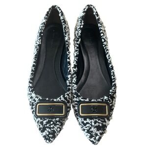 Tory Burch Georgia Boucle Tweed Pointed Toe Flats Black White 9.5